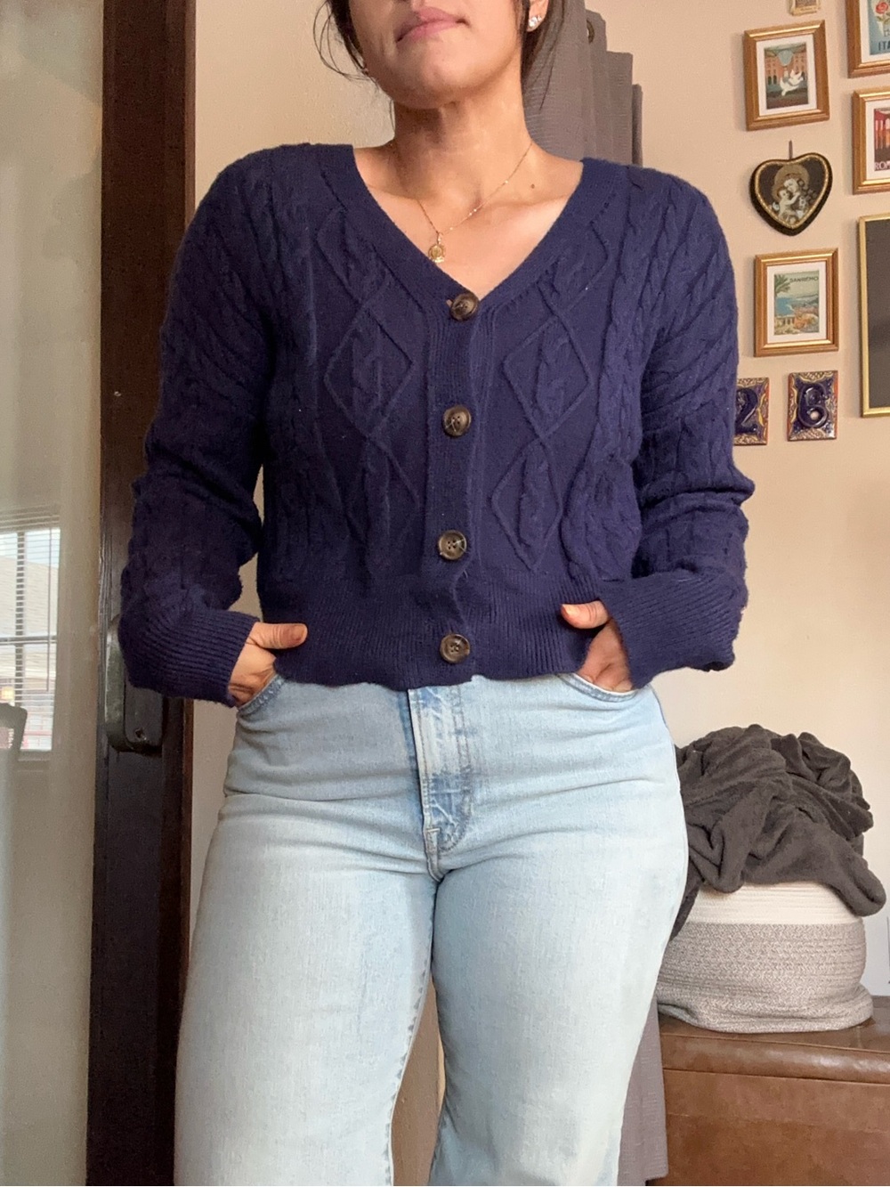 Woman's Navy Cable V-Neck Button Cardigan Sweater